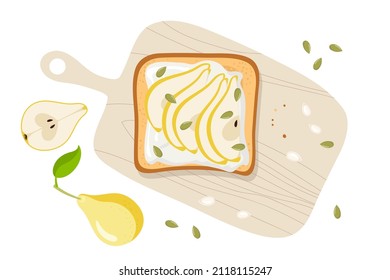 Open Healthy Sandwich With Cottage Cheese, Pear And Pumpkin Seeds On Cutting Board. Sliced Pear And Pepitas, Top View Ingredients For Toast Cooking. Vector Flat Delicious Healthy Breakfast Or Snack.