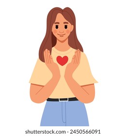 Open Heart Concept. Cheerful Young Woman Keeps Heart, Expresses Cordialty, Friendliness, Being Thankful for Help and Support. Vector Illustration in Flat Style.