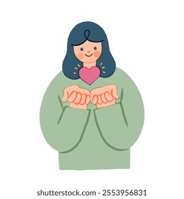 Open Heart Concept. Cheerful Young Woman Keeps Heart, Expresses Cordialty, Friendliness, Being Thankful for Help and Support. Vector Illustration in Flat Style.