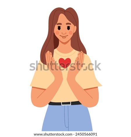 Open Heart Concept. Cheerful Young Woman Keeps Heart, Expresses Cordialty, Friendliness, Being Thankful for Help and Support. Vector Illustration in Flat Style.