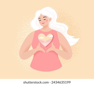 Open heart concept. Happy woman keep hands at heart feel grateful and thankful. Vector illustration in flat style