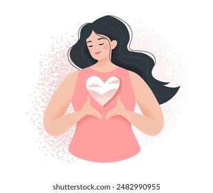 Open heart concept. Happy woman keep hands at heart feel grateful and thankful. Vector illustration in flat style