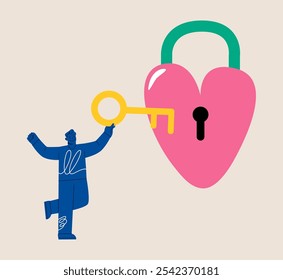 Open heart. Man holding key to unlock a heart. Elationship concept. Colorful vector illustration
