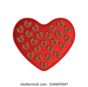 Open heart shape box of chocolate candies isolated on white background. Festive sweet gift with praline desserts for Valentines day holiday. Realistic vector illustration