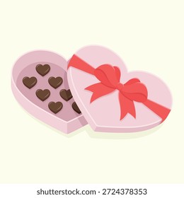 Una caja en forma de corazón abierto con lazo rojo y chocolates en el interior para el Día de San Valentín. Elemento de diseño para tarjetas de felicitación, carteles e invitación. Amor regalo romántico, Ilustración vectorial de vacaciones.