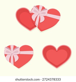 Una caja de chocolate en forma de corazón abierto con lazo rosa y sus partes como la base y la tapa se muestran por separado para el Día de San Valentín. Elementos de diseño para tarjetas de felicitación, carteles e invitación. Amor regalo romántico, Ilustración vectorial de vacaciones.