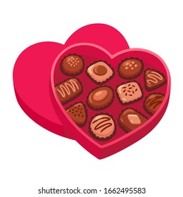 Open heart shaped box of chocolates, Valentine's day gift. Isolated vector clip art illustration.