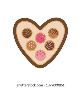 Open heart shaped box with chocolates. Valentine's day vector illustration. 
