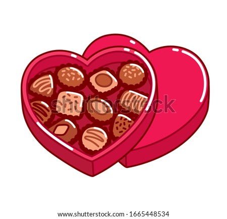 Open heart shaped box of chocolates, Valentine's day gift. Isolated cartoon vector clip art illustration.