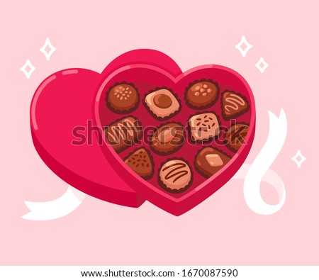 Open heart shaped box of chocolates with white ribbon on pink background. Valentine's day gift. Cartoon vector clip art illustration.