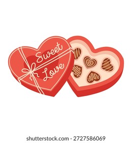 Offene herzförmige Schokoladenkiste mit verschiedenen Bonbons. Süße romantische Vektorgrafik für Valentine, Hochzeitsdesign, Liebeskarte, Geschenkverpackung, Feriendekoration. Einzeln auf weißem Hintergrund. Handgezeichnet.