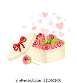 Open Heart Shaped Gift Box with Bow and Rose Flowers Inside as Valentine s Day Attribute Vector Composition