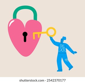 Open heart. Woman holding key to unlock a heart. Elationship concept. Colorful vector illustration
