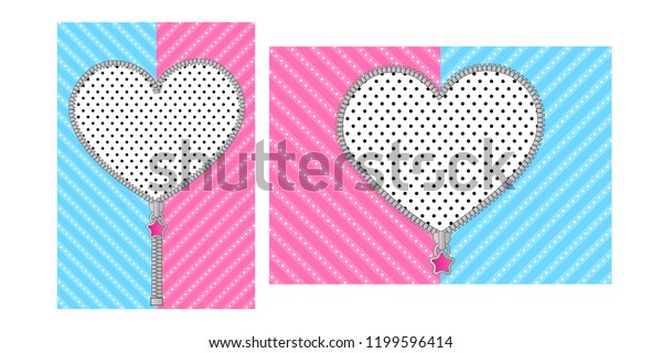 Open heart zipper with cute lock on bright blue pink\
background. Striped pattern for Lol Doll Surprise girly party.\
Birthday invitation template with round zip. Unzipped vector border\
design element 