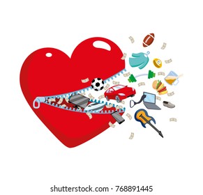Open Heart with a zipper from which fly the symbols of a man's wish, hobbies. Gifts, Luxury presents, men Concept for Valentine's Day, Christmas. Yacht, car, bills in a flat style. Isolated vector