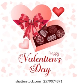 An open heartshaped box filled with chocolates symbolizes a classic Valentine's Day gift Happy Valentine's Day in a festive font enhances the theme while scattered red and pink hearts add love 