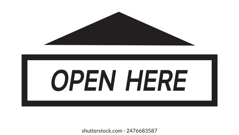 OPEN HERE banner flanked by upward arrow