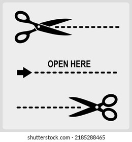 Open Here, Cut Here Icon Sticker, Open Here Label In Vector Illustration. The Scissors With Dots Icon