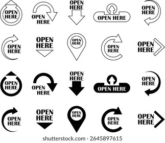 Open here icon set flat and line styles. Open here sticker with text and directional arrows for package designs. Special tag on box. Guidance or opening instruction isolated on transparent background.