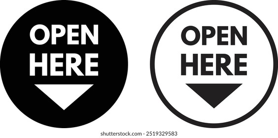 Open here icon set in two styles . Open here label icon for packaging . Vector illustration