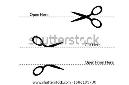Open from here or open here icon sign for paper line cut here give an instructions open for remove label. Can use open sticker or tear here paper icon.