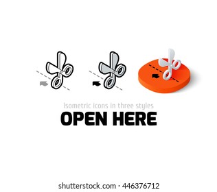 Open here icon, vector symbol in flat, outline and isometric style