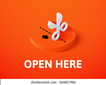Open here icon, vector symbol in flat isometric style isolated on color background