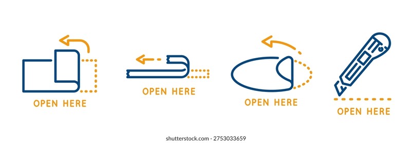 open here icons, set icon of peel off sticker, sticker open, peel off duct tape, stationery knife, outline vector with editable stroke