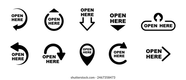 Open here icons vector set. Open here stickers or labels for package design. 