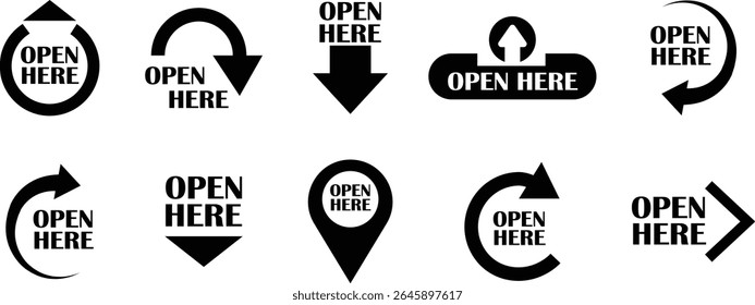 Open here icons vectors set flat styles. Open here sticker with text and directional arrows for package designs. Special tag on box. Guidance or opening instruction isolated on transparent background.