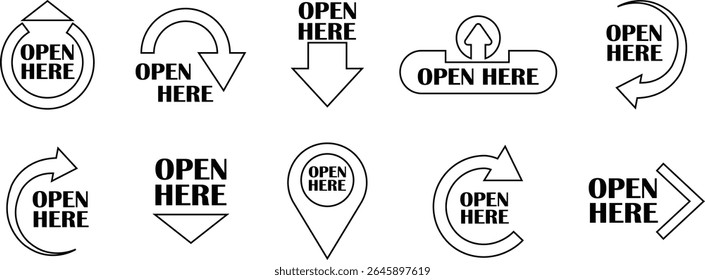 Open here icons vectors set line styles. Open here sticker with text and directional arrows for package designs. Special tag on box. Guidance or opening instruction isolated on transparent background.