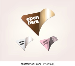  open here label / sticker / vector illustration / layout design