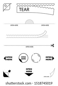 Open here package icons. Paper box tear, cut. open here sign. Sticker symbol. Scissors line. Vector