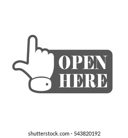 Open here sign with hand icon and with text. Gray open here icon. Vector illustration.