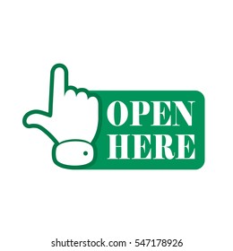 Open here sign with hand icon and with text. Green open here icon. Vector illustration.