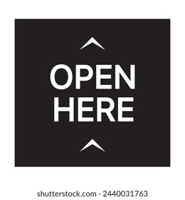 OPEN HERE sign with upward pointing arrow