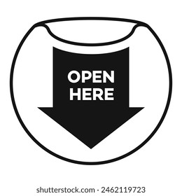 OPEN HERE sticker arrow black color