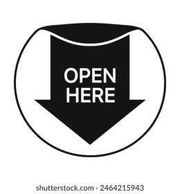 OPEN HERE sticker arrow black color