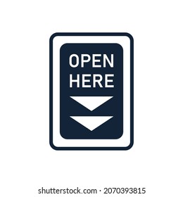 Open here sticker icon concept. Instruction manual vector illustration on white background