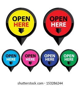 Open here sticker, label, symbol, sign, icon colorful set.