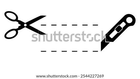 Open here vector icons, cut line with scissors and knife isolated on white background
