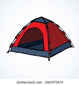 Open hiker resort booth tarpaulin habitation on white backdrop. Bright scarlet color hand drawn logo sketchy in art modern scribble contour style pen on paper. Closeup view and space for text