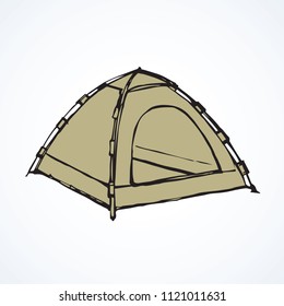 Open hiker resort booth tarpaulin habitation on white backdrop. Freehand line black ink hand drawn logo sketchy in art modern scribble contour style pen on paper. Closeup view and space for text