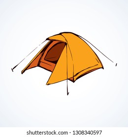 Open hiker resort booth tarpaulin habitation on white backdrop. Bright hot ginger yellow color hand drawn logo sketchy in art modern scribble contour style pen on paper. Closeup view on space for text