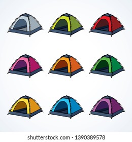 Open hiker resort booth tarpaulin habitation on white backdrop. Bright multi color hand drawn logo sketchy in art modern scribble contour style pen on paper. Closeup view and space for text