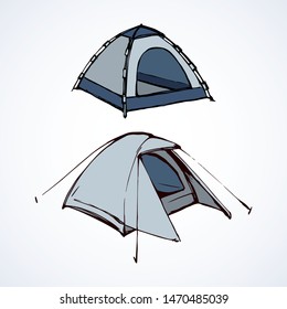 Open hiker resort booth tarpaulin habitation on white backdrop. Light silver color hand drawn logo pictogram emblem insignia in art modern line style pen on paper. Closeup view on space for text