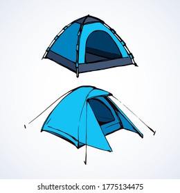 Open hiker resort booth tarpaulin habitation accessory. Bright blue cyan color hand drawn object logo pictogram emblem in art modern doodle line contour style. Closeup view white text space backdrop