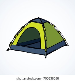 Open hiker resort booth tarpaulin habitation on white backdrop. Bright yellow lime color hand drawn logo sketchy in art modern scribble contour style pen on paper. Closeup view and space for text