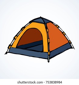 Open hiker resort booth tarpaulin habitation on white backdrop. Bright hot ginger yellow color hand drawn logo sketchy in art modern scribble contour style pen on paper. Closeup view and space for tex