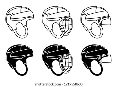 open hockey helmet icon, with protective grill and transparent visor. Ice hockey field player protective gear. Vector